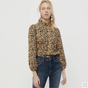 J. Crew Ruffle Neck Leopard Print Blouse - Black and Tan